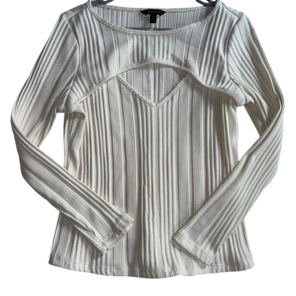 Banana Republic Ribbed Cutout Neck Long Sleeve Top Ivory Size L